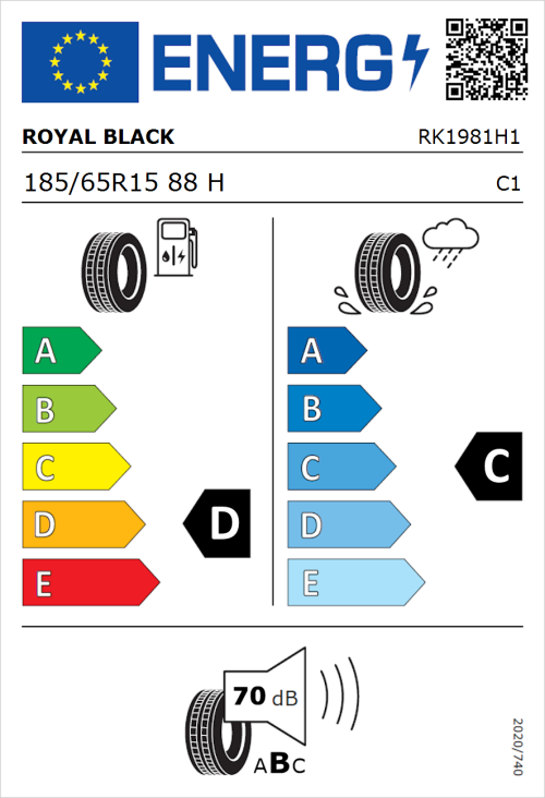 Tyre Label for Royal Black Royal Mile 185/65R15 88H