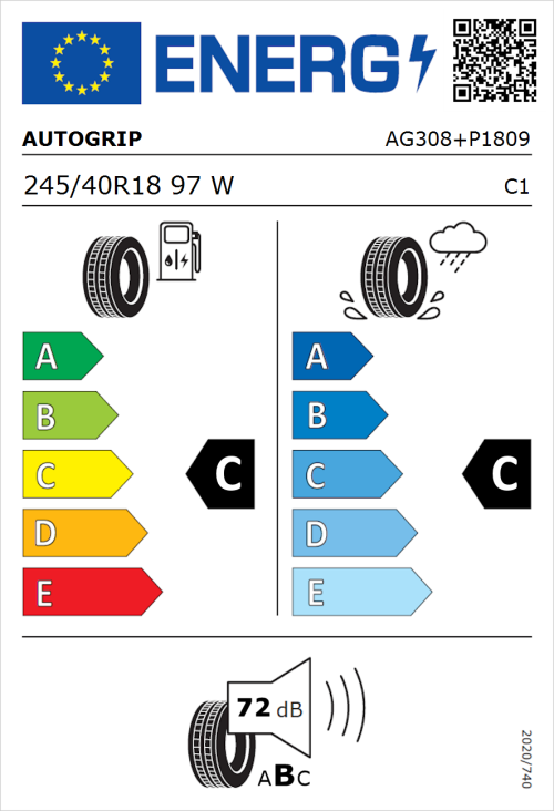 Tyre Label for Autogrip P308 Plus 245/40R18 97W