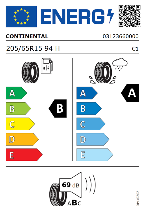 Tyre Label for Continental UltraContact 6 205/65R15 94H
