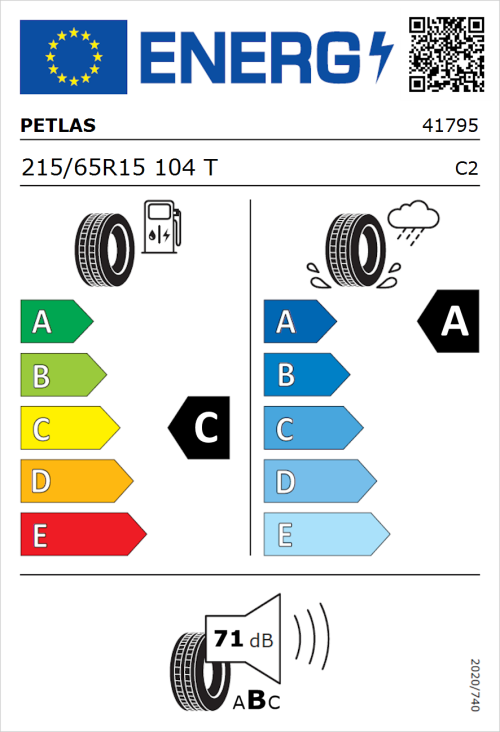 Tyre Label for Petlas Full Power PT835 215/65R15 104T