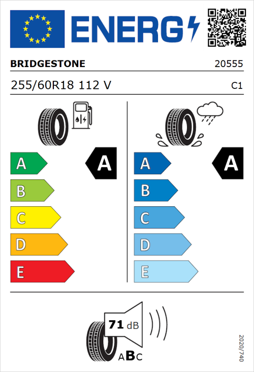 Tyre Label for Bridgestone Turanza 6 255/60R18 112V