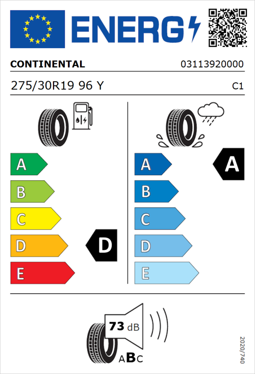 Tyre Label for Continental SportContact 7 275/30R19 96Y